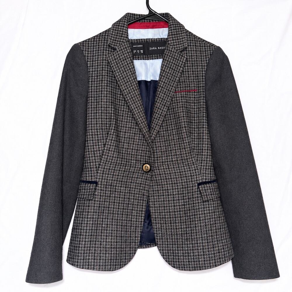 Zara Basic Houndstooth Gray Plaid Blazer Navy Elbow Patches Equestrian Preppy S